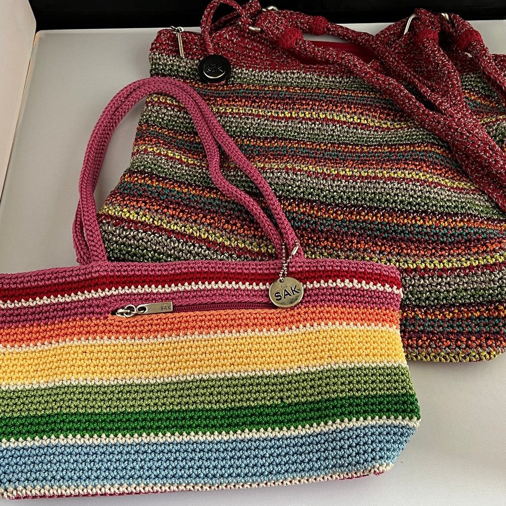 THE SAK Set of TWO Crochet Double Handle Multi Colored Handbags